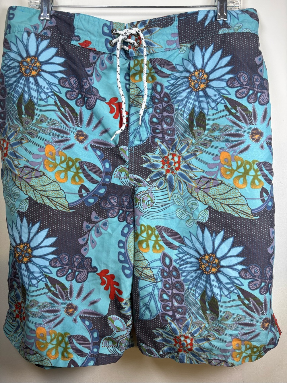 Men's Aqua Floral Swim Board Shorts with Drawstring
